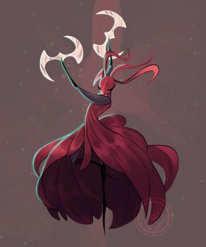 1girl absurdres ant_girl antennae arthropod_girl closed_eyes colored_skin commentary demgozellegs dress dual_wielding english_commentary full_body highres holding holding_weapon hollow_knight hollow_knight:_silksong red_background red_dress red_skin skarrsinger_karmelita_(hollow_knight) solo standing weapon