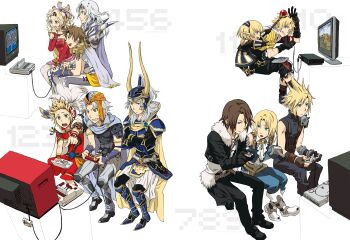 00s 1980s_(style) 1990s_(style) 2girls 6+boys arita_youko bartz_klauser cecil_harvey chocobo_world cloud_strife console dissidia_final_fantasy everyone famicom final_fantasy final_fantasy_i final_fantasy_ii final_fantasy_iii final_fantasy_iv final_fantasy_ix final_fantasy_v final_fantasy_vi final_fantasy_vii final_fantasy_viii final_fantasy_x final_fantasy_xi firion fusoya game_console golbez handheld_game_console highres in-franchise_crossover meta multiple_boys multiple_girls nes nintendo_ds oldschool onion_knight pantyhose playing_games playstation_1 playstation_2 pocketstation retro_artstyle shantotto squall_leonhart super_famicom tarutaru tidus tina_branford video_game warrior_of_light_(ff1) zemus zidane_tribal