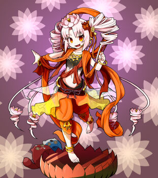 Rule 34 | 1girl, anklet, barefoot, commentary request, drill hair, flower, full body, highres, jewelry, long hair, looking at viewer, lotus, midriff, open mouth, orange eyes, orange pants, outstretched arm, pants, peru co, purple background, sash, solo, stuffed toy, tsuina-chan, twin drills, voiceroid