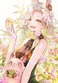 1girl absurdres animal_ears breasts dog dress eating extra_ears flower food hair_flower hair_ornament heterochromia highres long_neck macaron medium_hair original pink_eyes sho_(sumika) sleeveless sleeveless_dress small_breasts solo tongue tongue_out upper_body white_hair