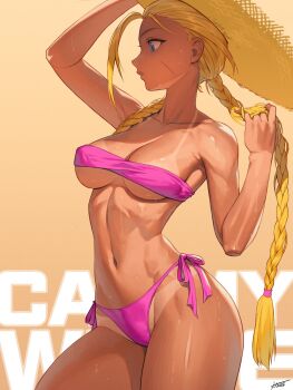 1girl absurdres adjusting_clothes adjusting_hair adjusting_headwear arm_up bandeau bikini blonde_hair blue_eyes braid breasts cammy_white character_name collarbone commentary cowboy_shot dated english_commentary facial_scar hat hichi highres legs_together looking_ahead medium_breasts navel official_alternate_costume pink_bikini profile scar scar_on_cheek scar_on_face side-tie_bikini_bottom solo stomach strapless strapless_bikini straw_hat street_fighter street_fighter_6 sweat swimsuit tan tanline thick_thighs thighs twin_braids underboob