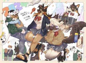 2024 2boys 2girls animal_ear_fluff animal_ears animal_feet black_footwear black_jacket blonde_hair blue_shirt body_fur book bow bowtie brown_eyes brown_fur brown_hair brown_sweater brown_sweater_vest cat cat_ears cat_girl cat_tail claws closed_eyes collared_jacket collared_shirt colored_inner_hair dalmatian dated dog_boy dog_ears dog_girl dog_tail floppy_ears full_body furry furry_female furry_male german_shepherd gradient_hair green_sweater grey_pants grey_skirt hand_on_own_face hand_up hands_in_pockets highres hug jacket loafers long_hair long_sleeves looking_at_viewer low_twintails multicolored_hair multiple_boys multiple_girls multiple_views new_year open_mouth orange_hair original pants plaid_clothes plaid_skirt purple_eyes rata_(norahasu) red_bow red_bowtie running sandals school school_uniform shirt shoes siamese_cat skirt sleeves_past_wrists slit_pupils sweater sweater_vest tail train_interior twintails two-tone_hair whiskers white_background white_fur white_shirt