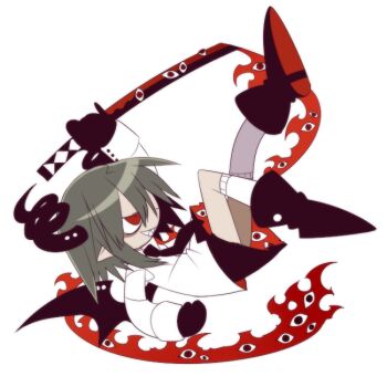 1girl bat_wings black_boots black_horns black_necktie black_skirt boots chibi collared_shirt curved_horns demon_girl demon_horns demon_tail demon_wings falling funamusea funamusea_(artist) green_hair grin hanten_(funamusea) holding holding_sword holding_weapon horns katana messy_hair necktie official_alternate_costume official_art pointy_ears red_aura red_eyes sharp_teeth shirt short_hair simple_background skirt smile socks solo sutare_yume sword tail teeth upside-down weapon white_background white_shirt white_socks wings