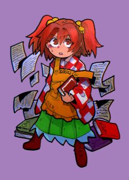 1girl :o absurdres apron bell blush book book_stack boots brown_boots checkered_clothes checkered_kimono commentary_request falling_paper frilled_skirt frills full_body green_skirt hair_bell hair_ornament highres holding holding_book inuyama_konan japanese_clothes jingle_bell kimono motoori_kosuzu open_mouth orange_eyes orange_hair purple_background simple_background skirt sweatdrop touhou two_side_up wide-eyed yellow_apron