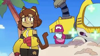 1boy 1girl accidental_exposure animal_ears animated bikini bouncing_breasts breasts brown_hair cat_ears cat_girl cat_tail changing_clothes cowgirl_(western) dinosaur_boy gameoverse gobbles_(gameoverse) goggles kit_bodega necktie nimble_(gameoverse) nipples nude official_alternate_costume pubic_hair pussy red_eyes spacecraft swimsuit tail third-party_edit video wrench yellow_bikini