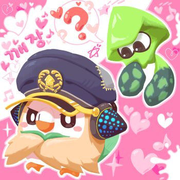 ? agent_3_(splatoon) animal bird black_eyes blue_hat blush_stickers bright_pupils commentary_request commission crossed_arms full_body gen_7_pokemon hat headphones heart highres inkling inkling_(swim_form) inkling_player_character korean_commentary korean_text nintendo owl peaked_cap pink_background pokemon pokemon_(creature) raised_eyebrow rowlet sparkle speech_bubble splatoon_(series) splatoon_3 spoken_question_mark squid translation_request ttrtag white_pupils