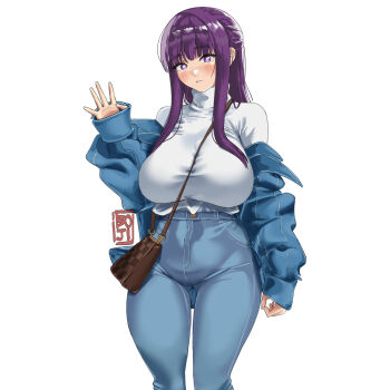 Rule 34 | 1girl, bag, blue coat, blunt bangs, blush, boji norn, breasts, casual, closed mouth, coat, commentary, denim, english commentary, fern (sousou no frieren), handbag, high-waist pants, highres, jeans, large breasts, long hair, pants, pout, purple eyes, purple hair, purple pupils, sidelocks, simple background, sleeves past wrists, solo, sousou no frieren, sweater, turtleneck, turtleneck sweater, waving, white background, white sweater