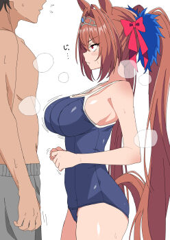 1boy 1girl absurdres animal_ears blush breasts brown_hair commentary_request cowboy_shot daiwa_scarlet_(umamusume) hair_intakes highres horse_ears horse_girl horse_tail large_breasts long_hair looking_at_another puchimosu_(mosu1427) red_eyes school_swimsuit solo_focus steaming_body sweatdrop swimsuit tail tiara twintails umamusume very_long_hair