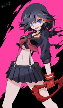 Rule 34 | 1girl, :d, black hair, blue eyes, commentary request, furrowed brow, gloves, highres, kill la kill, looking at viewer, matoi ryuuko, midriff, multicolored hair, mutsuki riichi, navel, open mouth, pleated skirt, red hair, school uniform, scissor blade (kill la kill), senketsu, serafuku, short hair, signature, skirt, smile, solo, streaked hair, suspenders, two-tone hair
