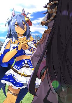 Rule 34 | 2girls, absurdres, animal ears, bandaid, bandeau, black hair, blue bandeau, blue sky, breasts, choker, closed mouth, cloud, cracking knuckles, dark-skinned female, dark skin, ear ornament, ear scrunchie, fang, hair between eyes, hair ornament, hairclip, highres, hishi amazon (azure amazon) (umamusume), hishi amazon (umamusume), horse ears, horse girl, horse tail, jacket, long hair, long sleeves, midriff, multiple girls, naegi happy, narita brian (maverick) (umamusume), narita brian (umamusume), navel, outdoors, ponytail, red eyes, red scrunchie, scrunchie, single sleeve, skirt, sky, smile, striped clothes, striped scrunchie, tail, thigh strap, two-tone bandeau, two-tone shirt, two-tone skirt, umamusume, very long hair, white bandeau, white choker, white skirt