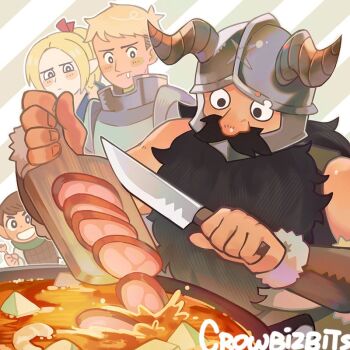 1girl 3boys armor artist_name beard black_eyes black_hair blonde_hair chilchuck_tims cooking cooking_pot covered_mouth crowbizbits cutting_board diagonal-striped_background dungeon_meshi facial_hair fake_horns falin_touden food glowing grey_background hand_up helmet holding holding_cutting_board holding_knife horned_helmet horns knife laios_touden long_beard long_hair male_focus meat multiple_boys mustache outline senshi_(dungeon_meshi) solid_circle_pupils solo_focus soup splashing stew striped_background twitter_username very_long_beard white_outline