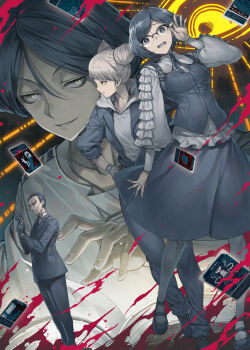 2boys 2girls adjusting_clothes adjusting_gloves black-framed_eyewear black_hair breasts brown_eyes brown_hair card character_request check_character collared_shirt commentary_request cone_hair_bun dress_shirt formal_clothes fukurai_azami glasses glove_pull gloves grey_eyes hagure_keg hair_between_eyes hair_bun highres hood hood_down hoodie jacket jasmine_(toshi_densetsu_kaitai_center) long_sleeves medium_breasts meguriya_ayumu multiple_boys multiple_girls open_clothes open_jacket over-rim_eyewear pants pantyhose puffy_long_sleeves puffy_sleeves semi-rimless_eyewear shirt shoes skirt standing suit tomiiri_junzo toshi_densetsu_kaitai_center translation_request vest