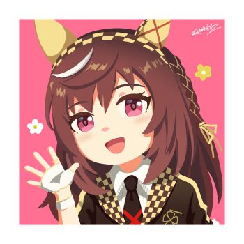 1girl absurdres animal_ears black_necktie blue_jacket blush braid brown_hair buena_vista_(heroina_inocente)_(umamusume) buena_vista_(umamusume) checkered_collar checkered_hairband ear_covers fingerless_gloves flower gloves hair_between_eyes hair_ornament hairband headband highres horse_ears horse_girl jacket looking_at_viewer medium_hair necktie open_mouth purple_eyes rahibizzz shirt smile solo umamusume upper_body white_gloves white_shirt