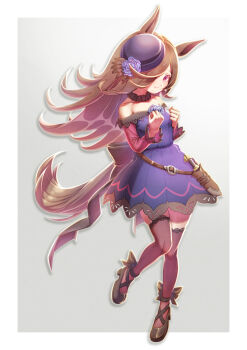 1girl animal_ears bare_shoulders black_thighhighs blue_dress blue_flower blue_hat blue_rose blush brown_hair closed_mouth commentary_request creape dagger dress fascinator flipped_hair flower full_body fur_choker hair_over_one_eye hat hat_flower highres horse_ears horse_girl horse_tail knife long_hair long_sleeves off-shoulder_dress off_shoulder purple_eyes rice_shower_(rosy_dreams)_(umamusume) rice_shower_(umamusume) rose sheath sheathed shoes smile solo tail thighhighs tilted_headwear umamusume weapon