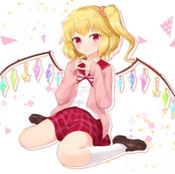 1girl blonde_hair brown_shoes collar commentary_request commission crystal_wings flandre_scarlet full_body kneeling knees light_blush long_sleeves medium_hair mito_tsubaki multicolored_wings orange_scrunchie own_hands_together pink_sweater plaid_clothes plaid_skirt red_collar red_eyes red_ribbon red_skirt ribbon scrunchie shirt shoes side_ponytail skeb_commission skirt smile socks solo square star_(symbol) sweater touhou triangle white_background white_shirt white_socks wings