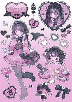 1girl bag black_bag black_bow black_headdress black_thighhighs black_wings bow candy dress food frilled_headwear full_body gradient_background hand_up heart highres holding holding_bag jirai_kei lollipop long_hair long_sleeves looking_at_viewer multiple_views myun_(myun_art) open_mouth original pink_bow pink_dress pink_eyes shoulder_bag smile standing standing_on_one_leg thighhighs twintails wings