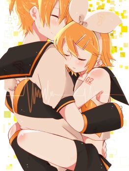 1boy 1girl aoi_choko_(aoichoco) bare_shoulders blonde_hair brother_and_sister detached_sleeves closed_eyes hair_ornament hairband hetero highres hug kagamine_len kagamine_rin monaco_(rmn02) sailor_collar school_uniform serafuku short_hair short_sleeves siblings smile twins vocaloid