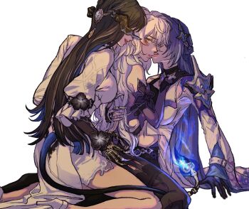 3girls acheron_(honkai:_star_rail) armor black_flower black_hair black_swan_(honkai:_star_rail) breasts choker commentary demon_horns demon_tail dress flower girl_sandwich gloves hair_ornament highres honkai:_star_rail honkai_(series) horns kim_srm long_hair multiple_girls pantyhose purple_hair sandwiched shoulder_armor symbol-only_commentary tail the_dahlia_(honkai:_star_rail) very_long_hair white_background yuri